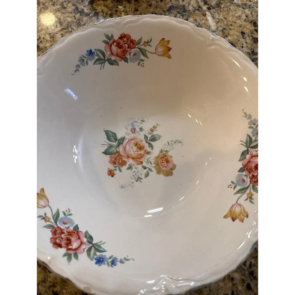 Vintage Floral Scalloped Ceramic Serving Bowl Cream‎ Pink Rose